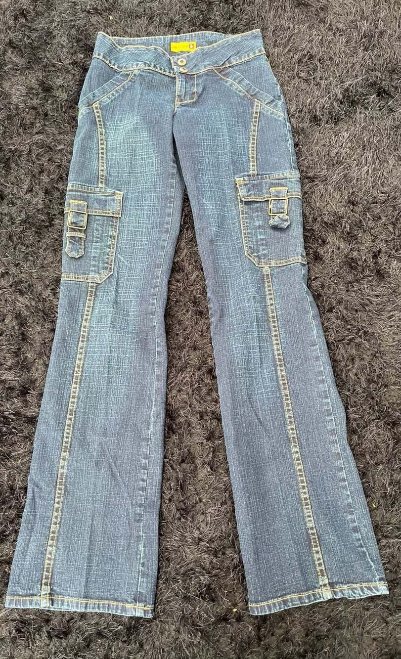 Gasoline Y2K Vintage Dark Wash Cargo Flare Jeans